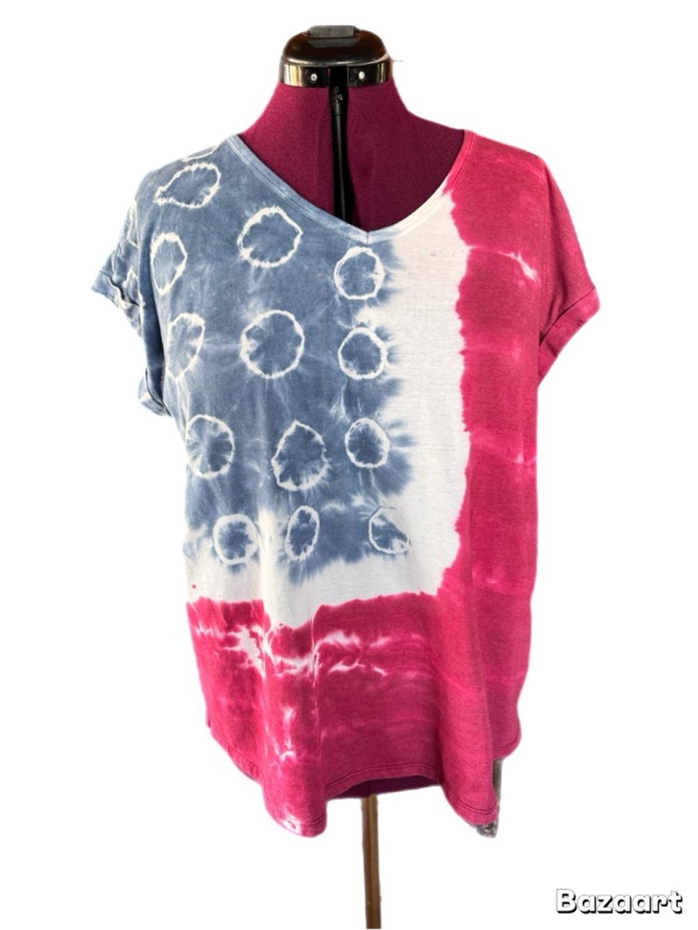 Style & Co. Short Sleeve V-Neck Tie-Dye Top in light red, Blue & White